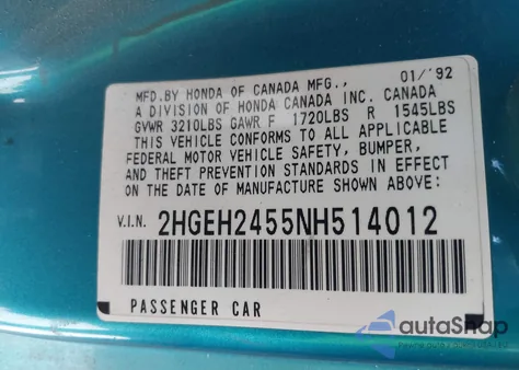 1992 Honda Civic Dx from USA, damaged, VIN 2HGEH2455NH514012